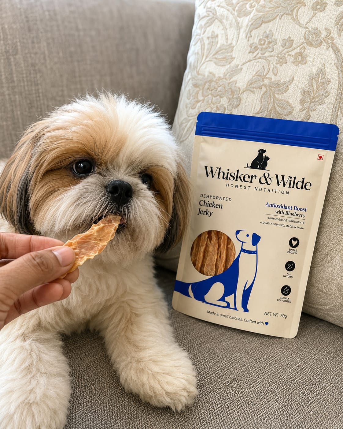 Customer photo review of Dehydrated Chicken Jerky – Blueberry (Dog)