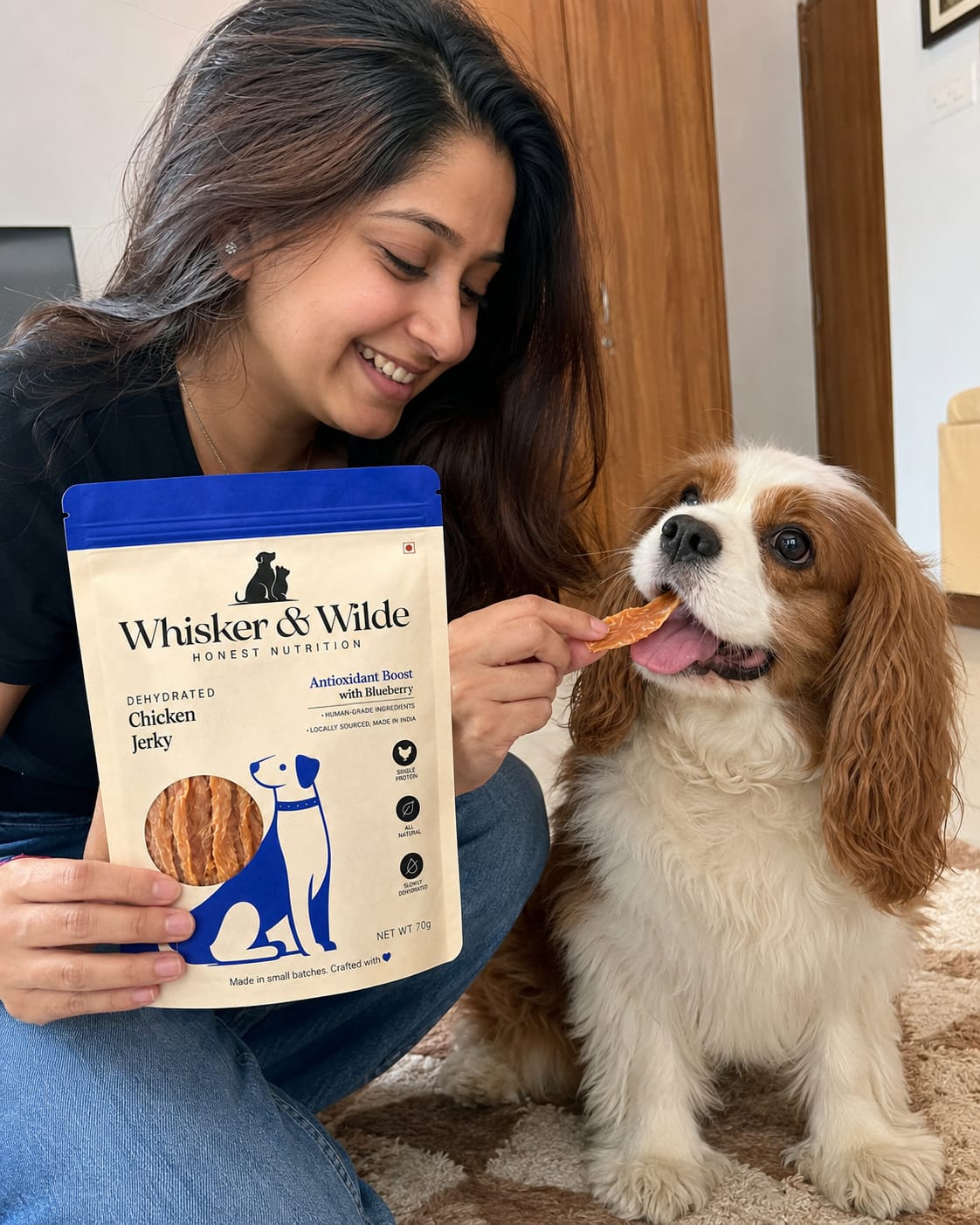 Customer photo review of Dehydrated Chicken Jerky – Blueberry (Dog)