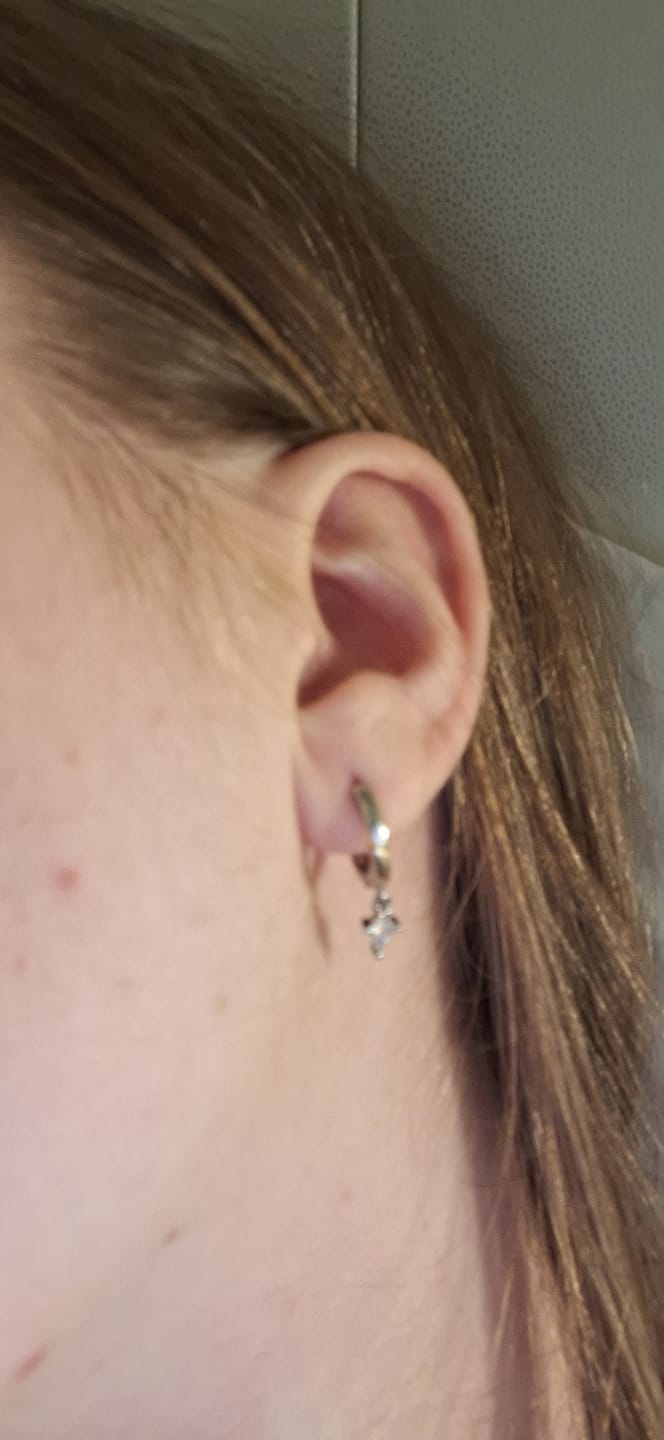 Customer photo review of "Knight's Oath" 18K Gold Plated Sword Dangle Hoop Earrings
