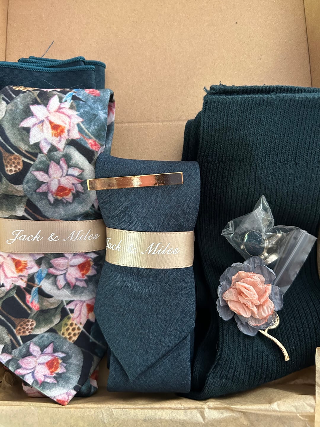 Customer photo review of Water Lily Navy Tie and Sock Groom Set