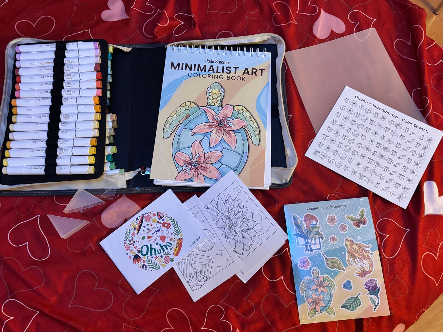 Customer photo review of Ohuhu x Jade Summer Alcohol Markers & Coloring Book Set, 47 Colors + 1 Colorless Blender, Honolulu B, Brush & Fine Dual Tips