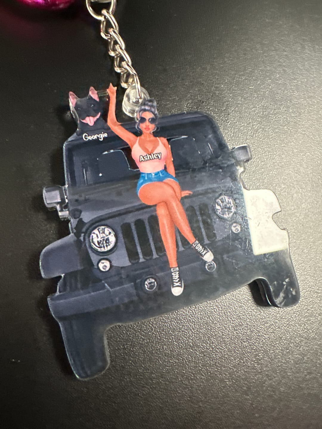 Customer photo review of Personalized A Girl With Off-Road Car And Dog Keychain Gift For Journey Girls