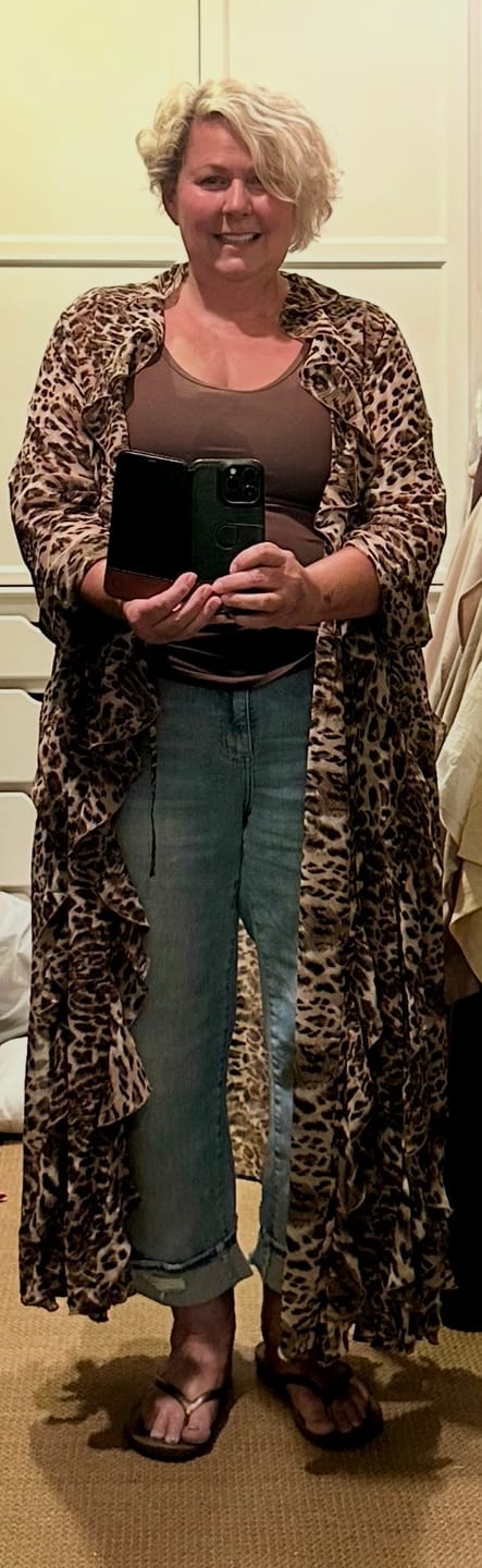 Customer photo review of Leopard Print Ruffled Duster Cardigan