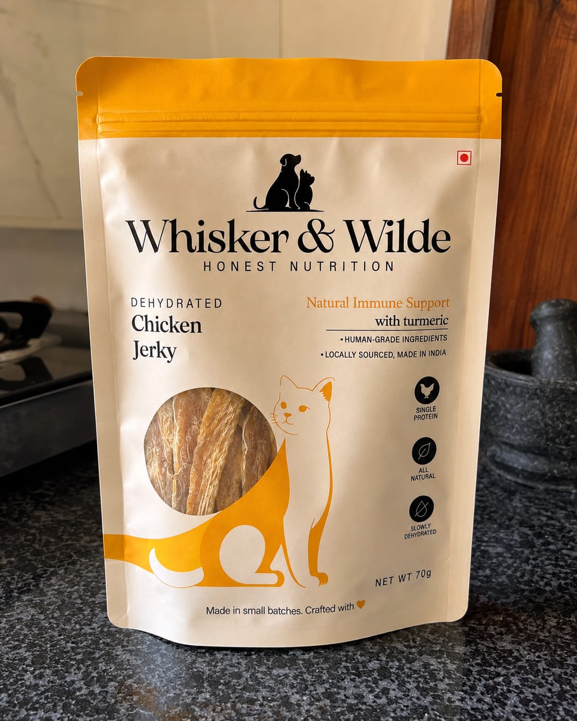 Customer photo review of Dehydrated Chicken Jerky – Turmeric (Cat)