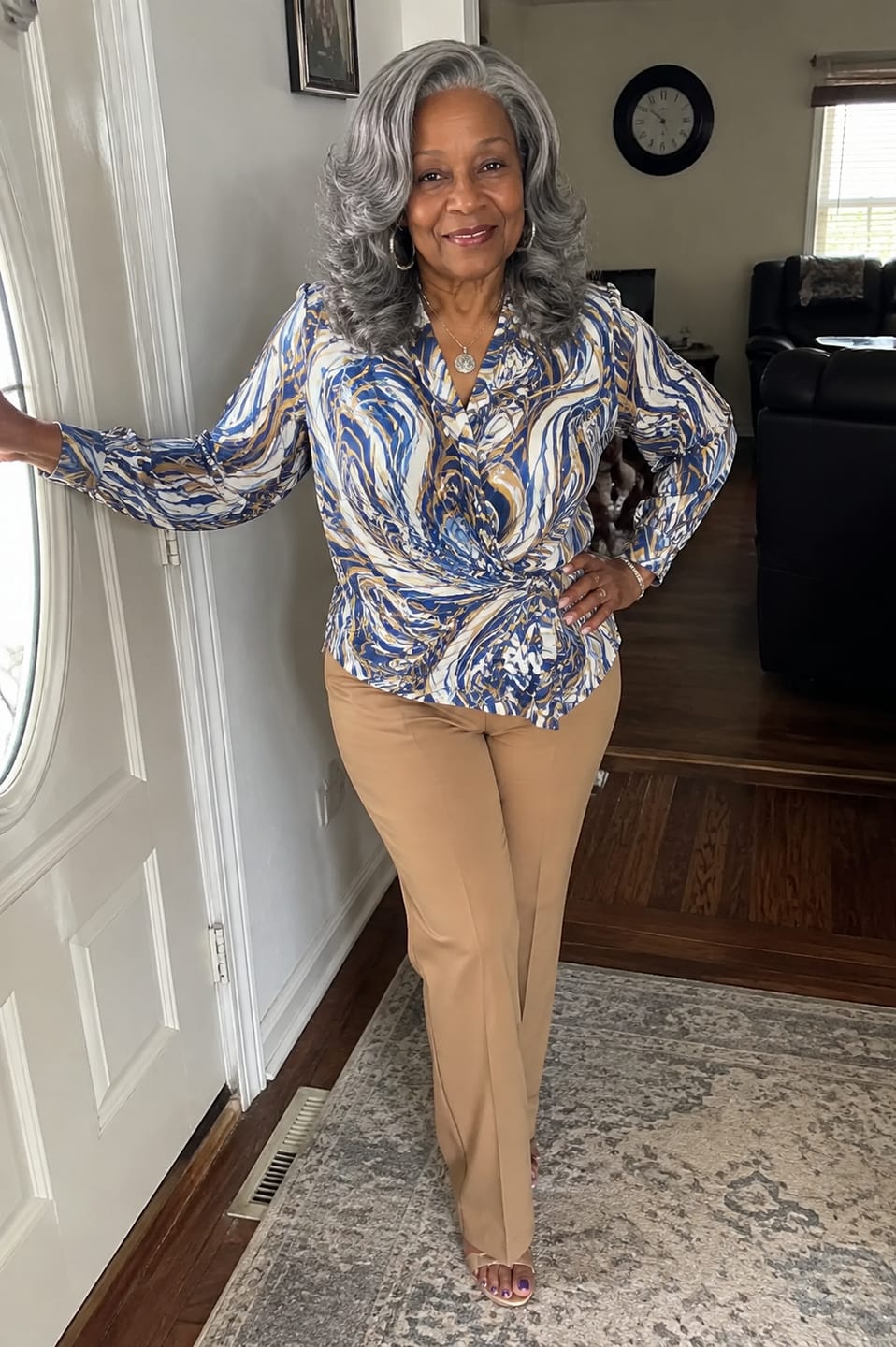 Customer photo review of Luvwin Salt & Pepper Layered Blowout Wave Beginner Friendly Glueless  Gray Wig 100% Human Hair