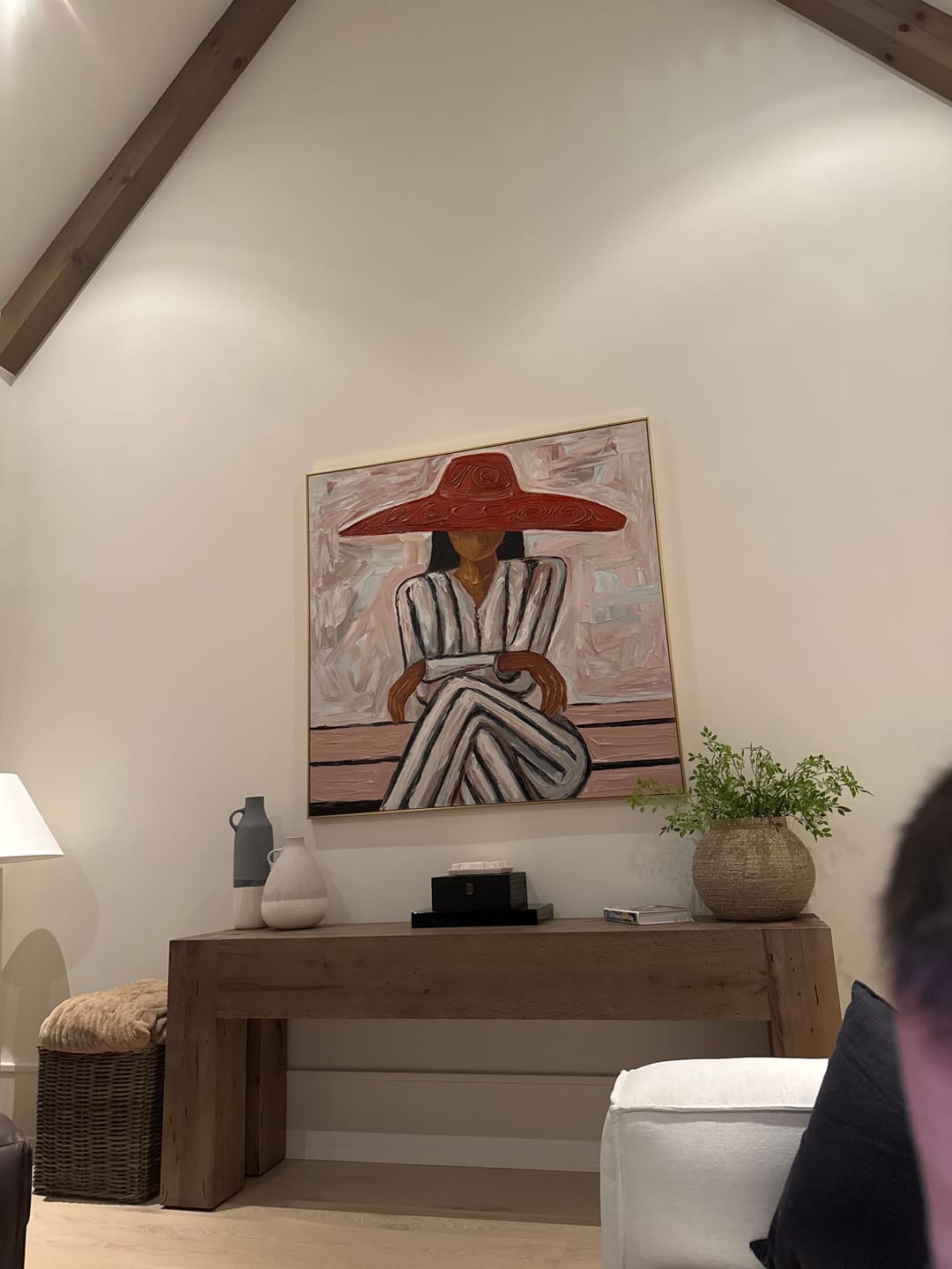 Customer photo review of The Red Brim – Vintage Americana Woman in Striped Dress Painting | Colorful Modern Living Room Art