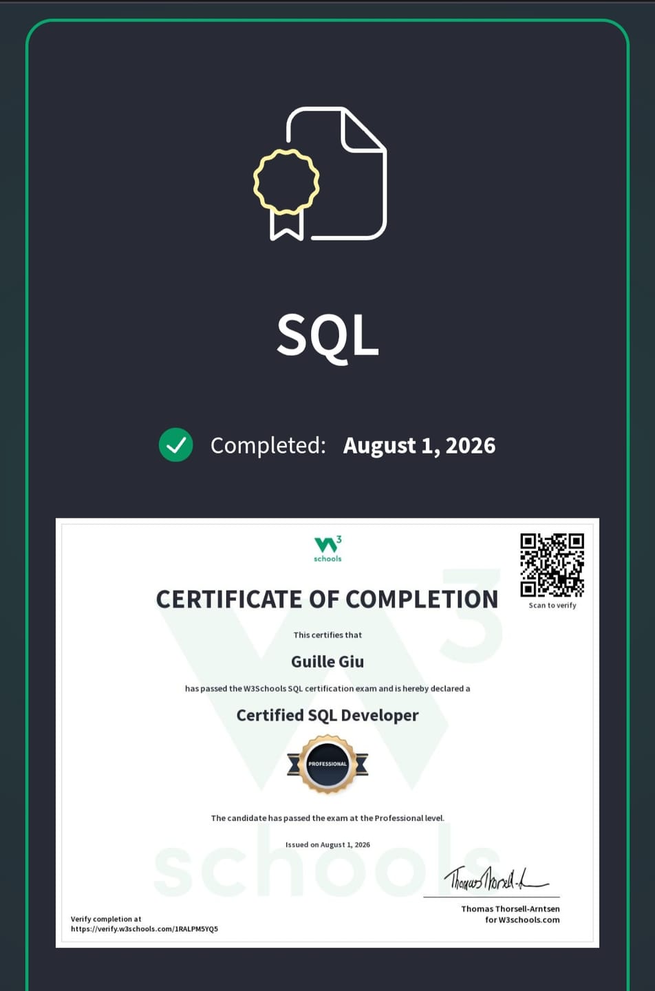 Customer photo review of SQL Certification Course