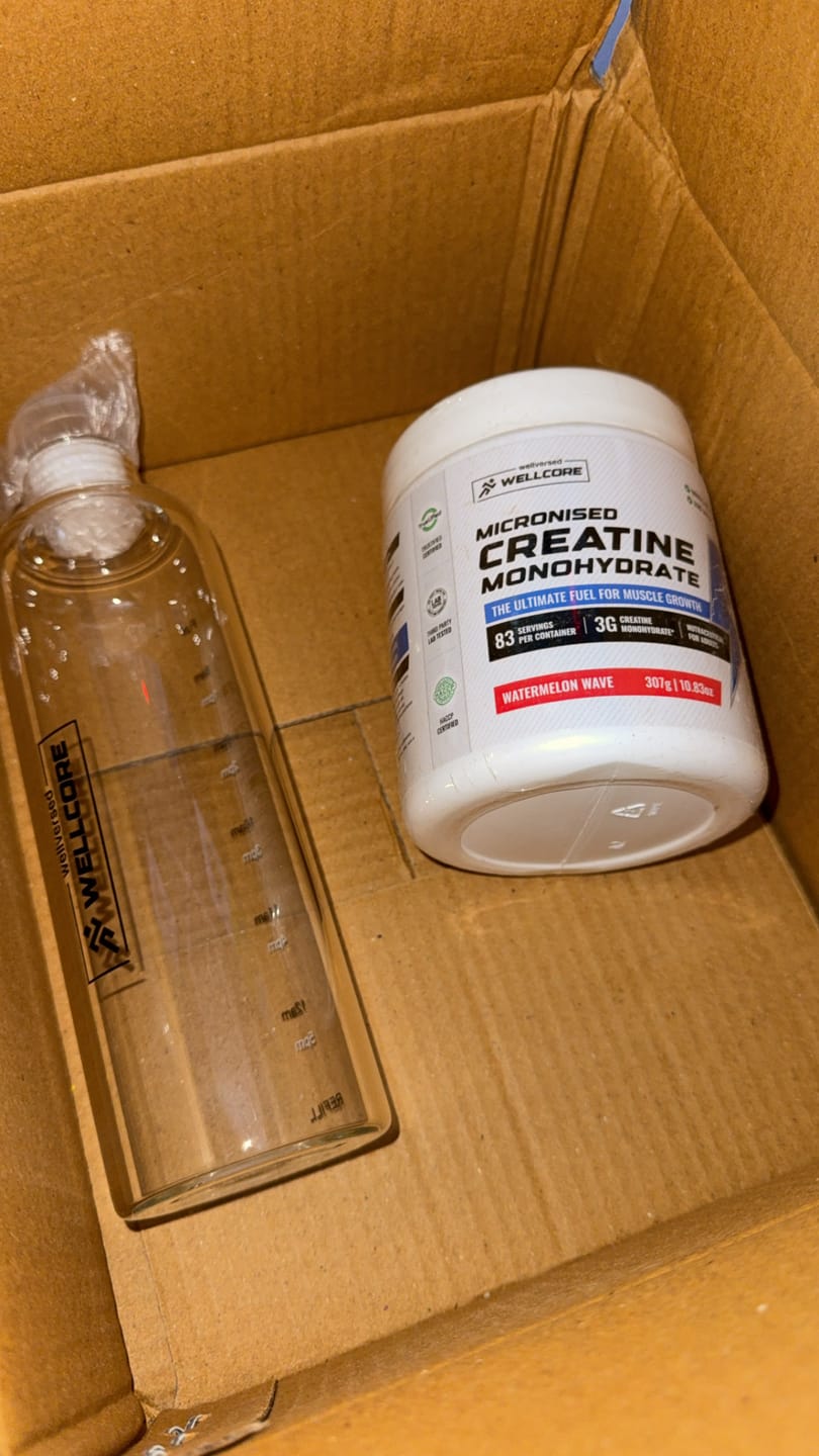 Customer photo review of Wellcore - Micronised Creatine Monohydrate (83 Servings, Watermelon Wave ) + Premium Glass Bottle