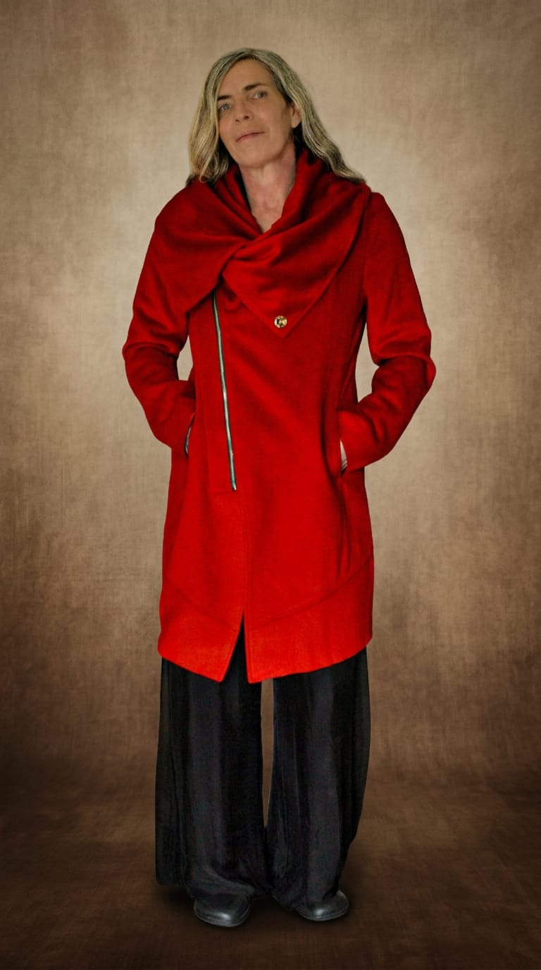 Customer photo review of Red Wool Overcoat - Asymmetrical Zip High Collar Coat C1025