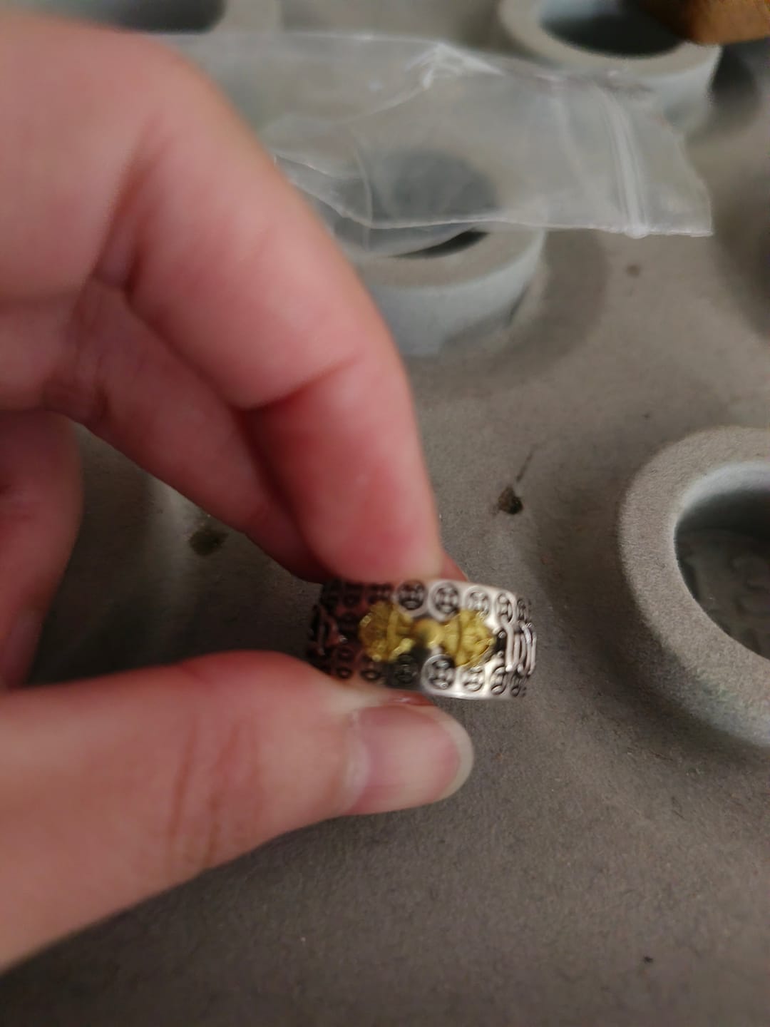 Customer photo review of FuAttract Blessing Peace & Guardian Energy Copper Inlay Vajra Pestle Om Mani Padme Hum Ring