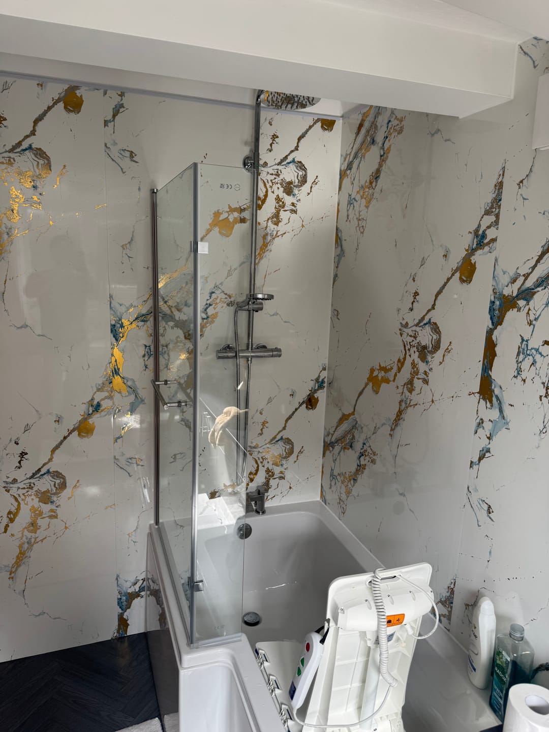 Customer photo review of 10mm Oro Blue Gloss Shower Panel 1M x 2.4M