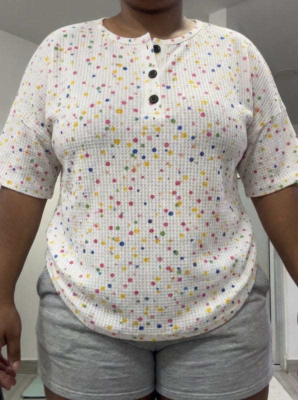 Customer photo review of Womens Colorful Dot Art Pattern Print Casual Waffle Cotton Shirt