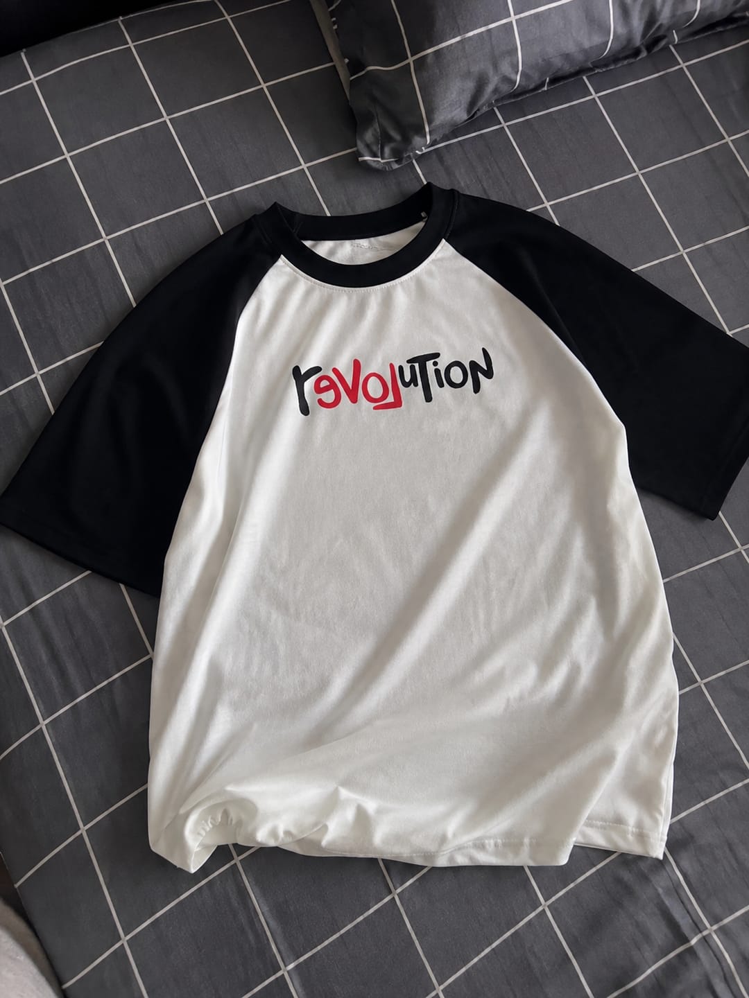 Customer photo review of Revolution Raglan Oversized T-Shirt – White & Black