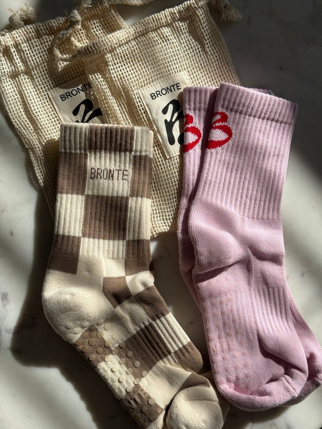 Customer photo review of Tabby Checkered Grip Socks