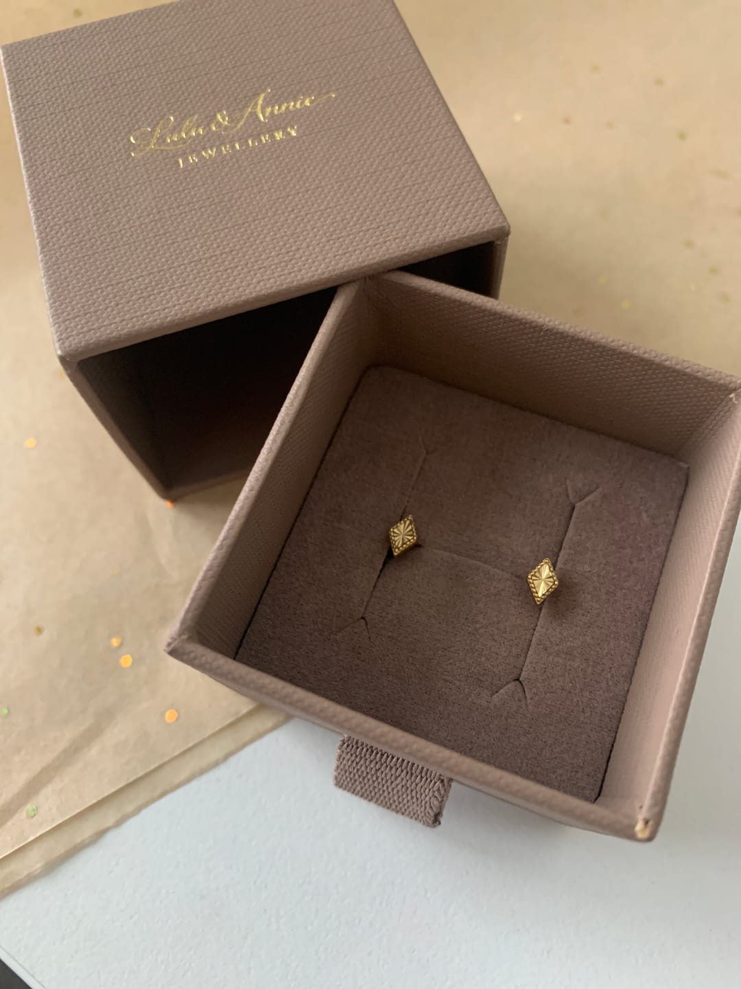 Customer photo review of 18ct Gold Vermeil Diamond Shape Sunburst Stud Earrings