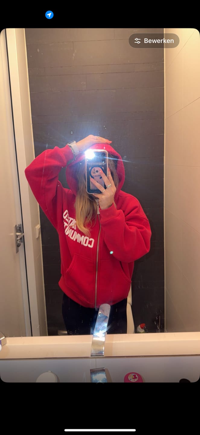Customer photo review of the GATED COMMUNITY ZIP HOODIE in RASPBERRY RED
