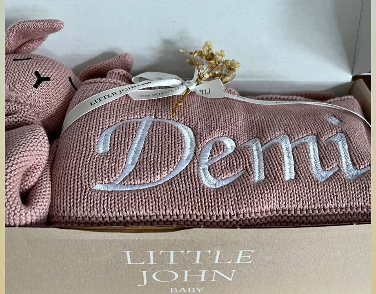 Customer photo review of PRE- ORDER Personalised Blush Pink Baby Blanket Knitted
