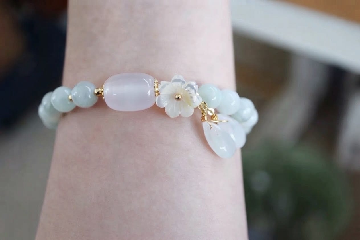 Customer photo review of White Jade & Shell Flower Bracelet — Frost Petal Collection