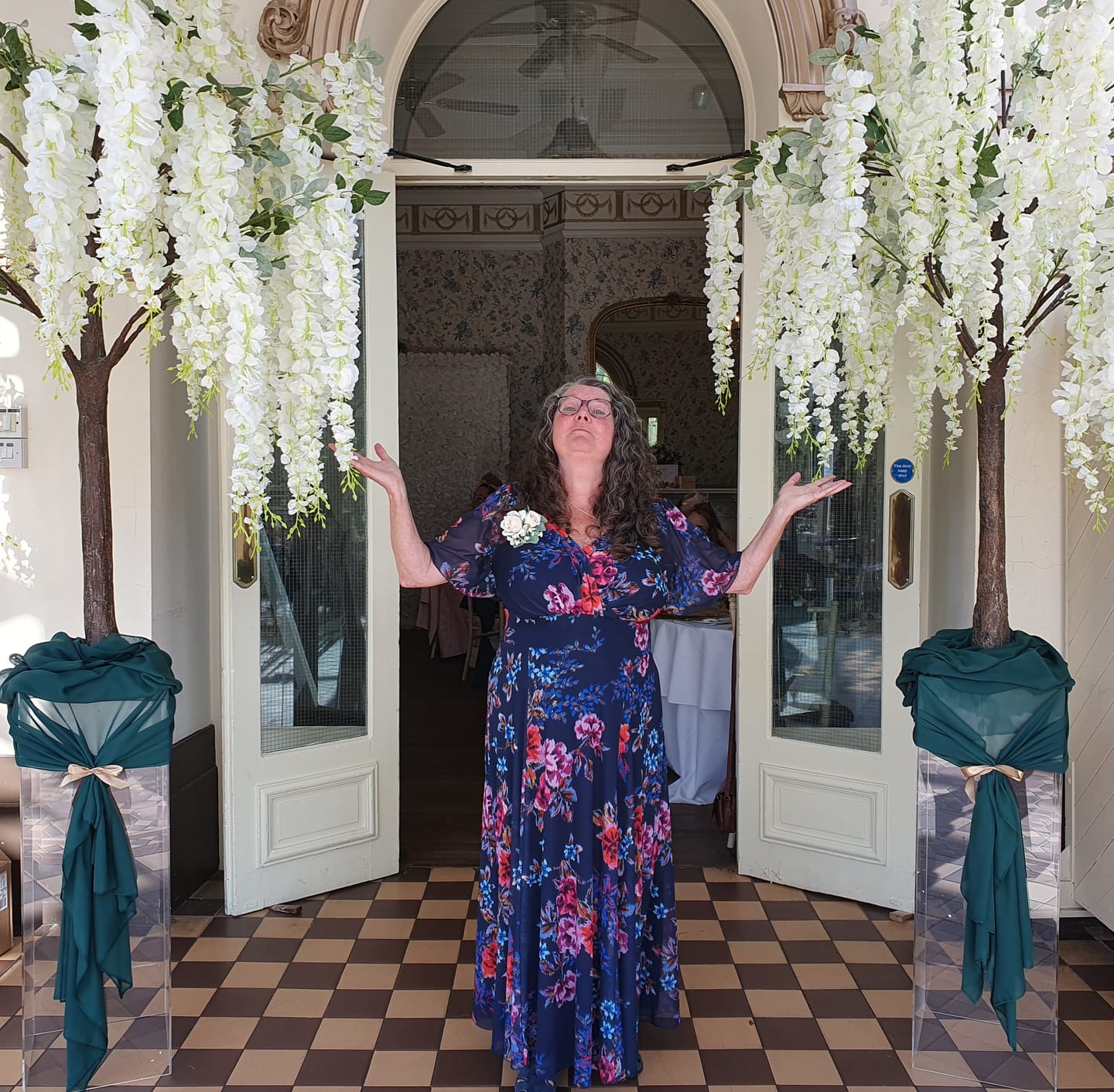 Customer photo review of Petite Isabelle Navy Amethyst Float Sleeve Maxi Dress