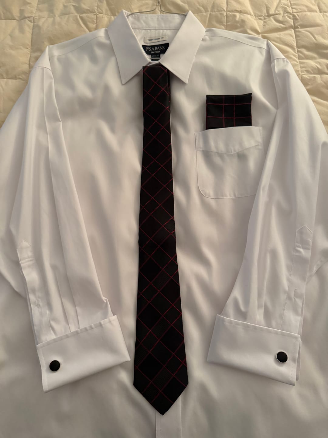 Customer photo review of Barry. Wang Black Plaid Tie with Red Stripes Men's Business Set