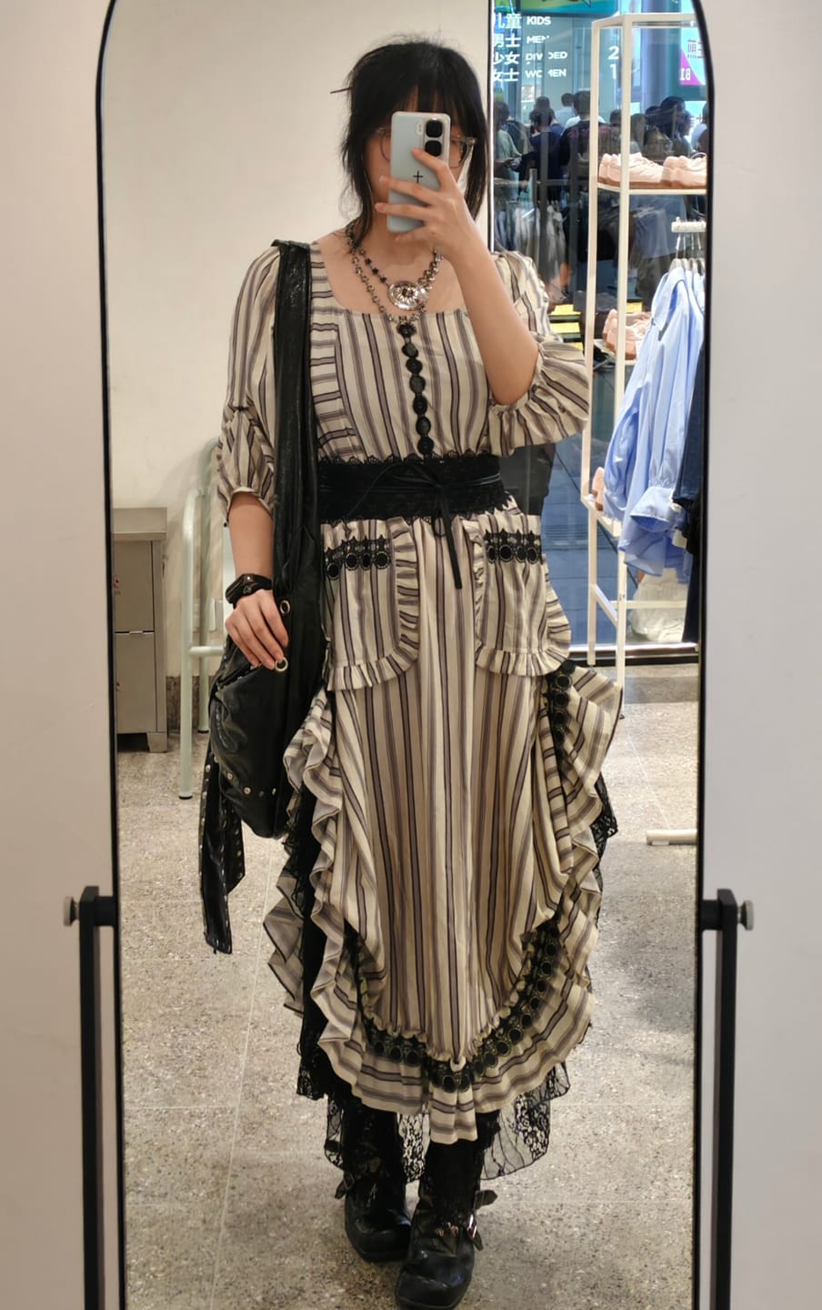 Customer photo review of DOINDULGE Striped Square-Neck Fitted Waist Dress with Lace Trim