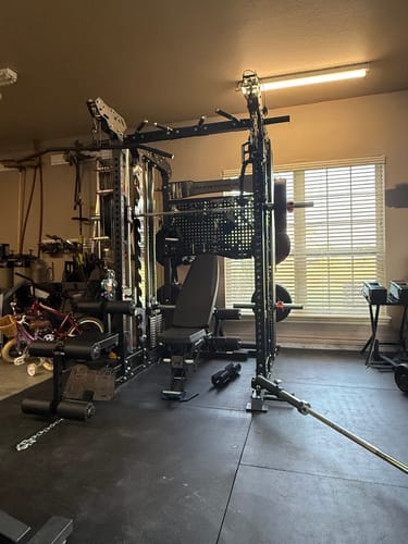 Customer's fully assembled Major Fitness B17 Flying Fortress functional trainer in a home garage gym.