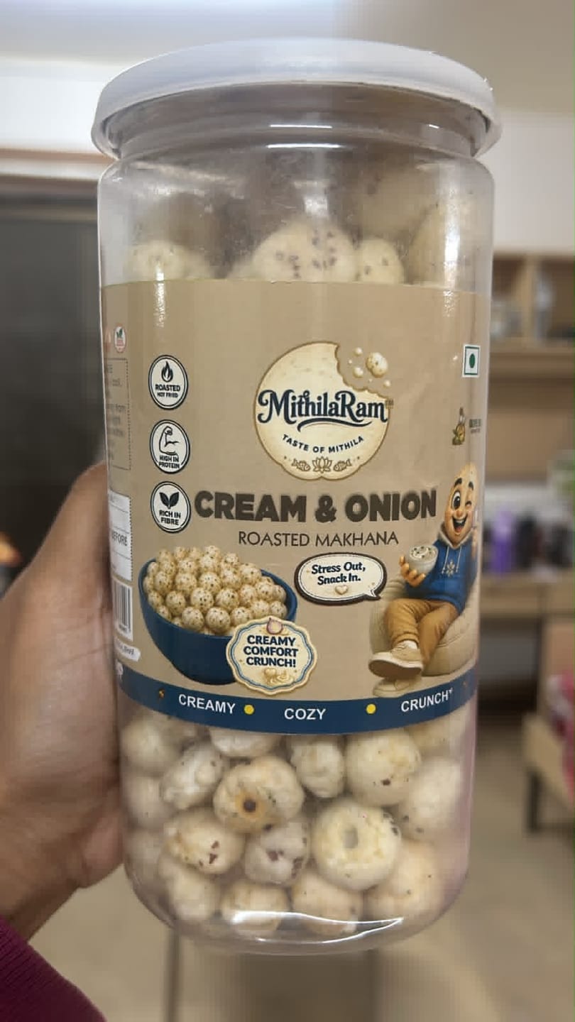 Customer photo review of MithilaRam™ Combo of Pudina, Peri Peri, Cream & Onion and Cheese Olive Oil Roasted Makhana (4 x 85 g)
