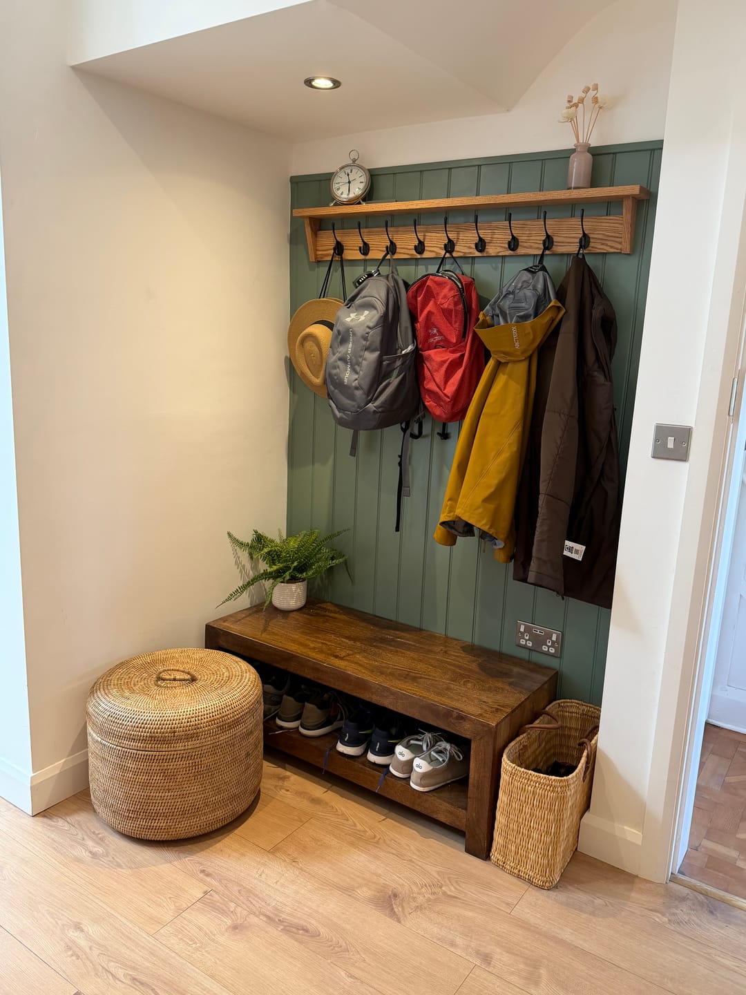 Customer photo review of Solid Oak Walnut Coat Rack with Shelf