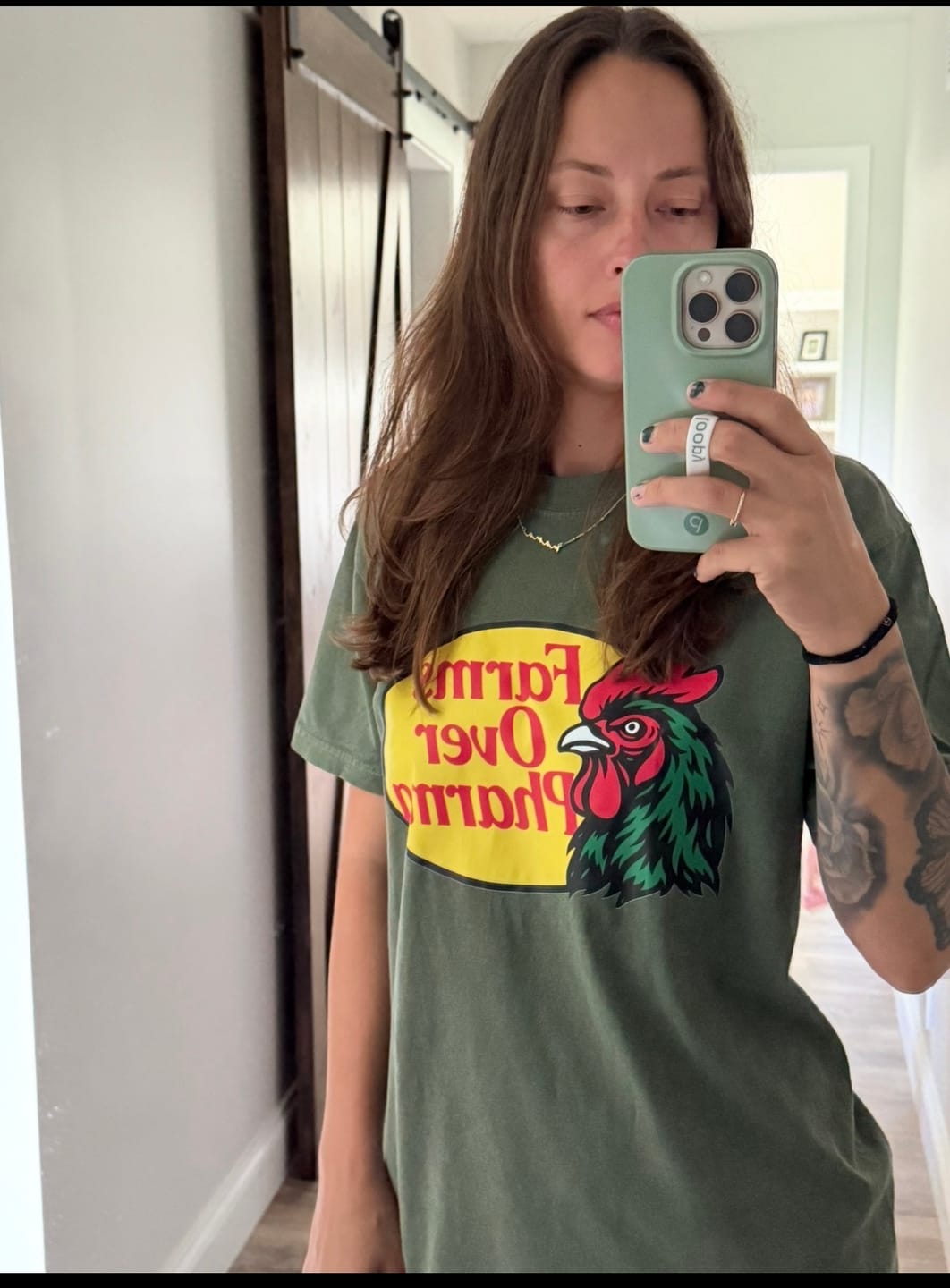 Customer photo review of Farms Over Pharma® (Rooster) T-Shirt (Army)