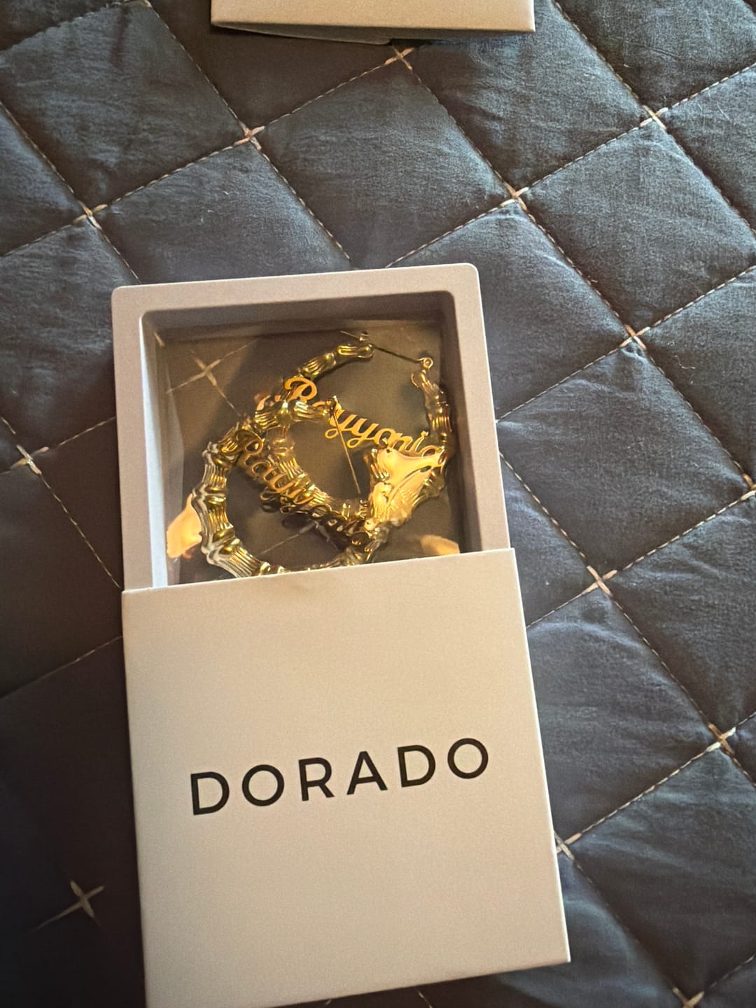 Customer photo review of Bamboo Name Hoop Earrings