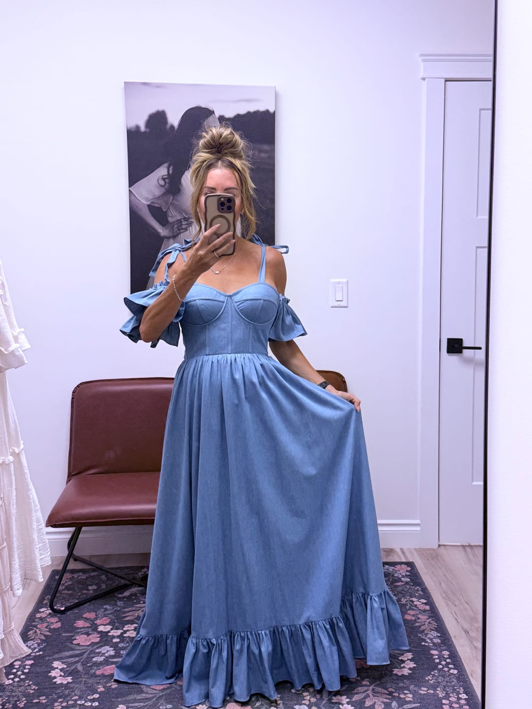 Customer photo review of Off Shoulder Ruffle Sleeves Denim Blue Maxi Dress Boho Dress for Photoshoots YW250070