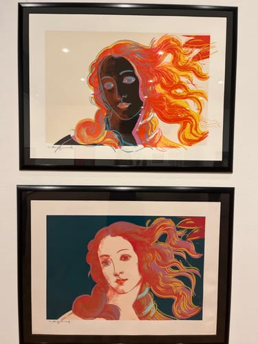 Customer's museum visit, featuring two framed artistic portraits of women with flowing hair on a wall.