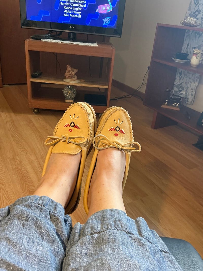 Customer photo review of Women's Moose Hide Leather Beaded Moccasin Shoes