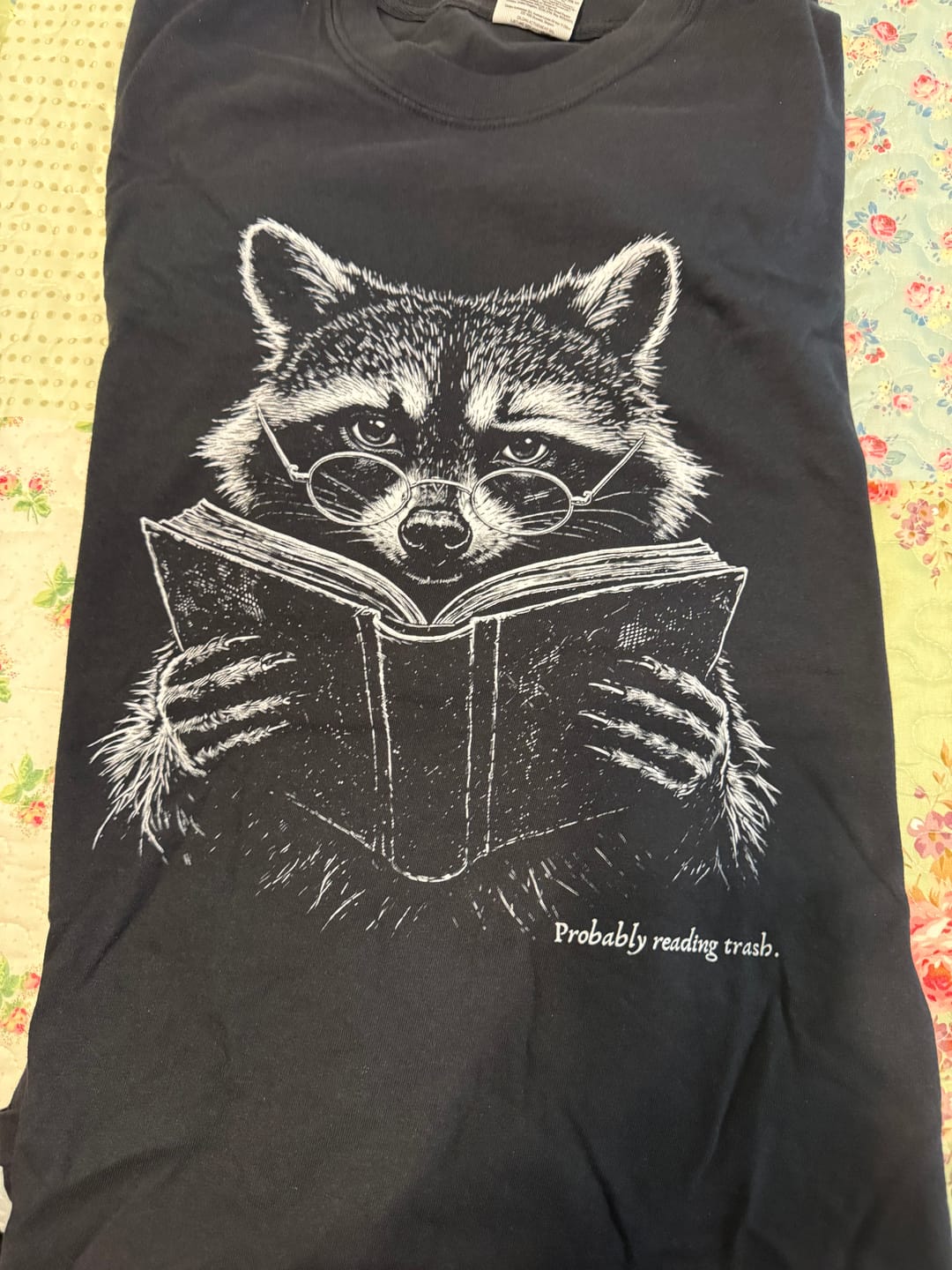 Customer photo review of Probably Reading Trash Raccoon Literary Long Sleeve