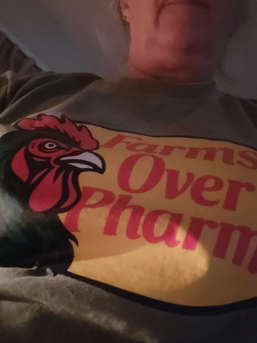 Customer photo review of Farms Over Pharma® (Rooster) T-Shirt (Army)