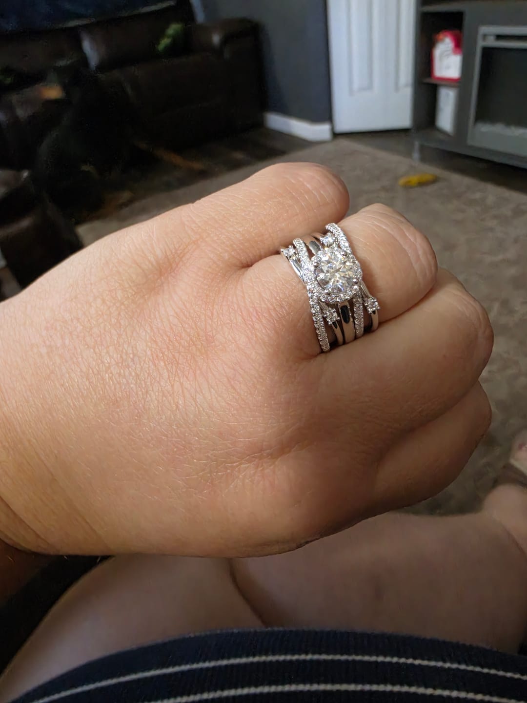 Customer photo review of Halo Moissanite With Enhancer Cross Shank Bridal Engagement Ring Set