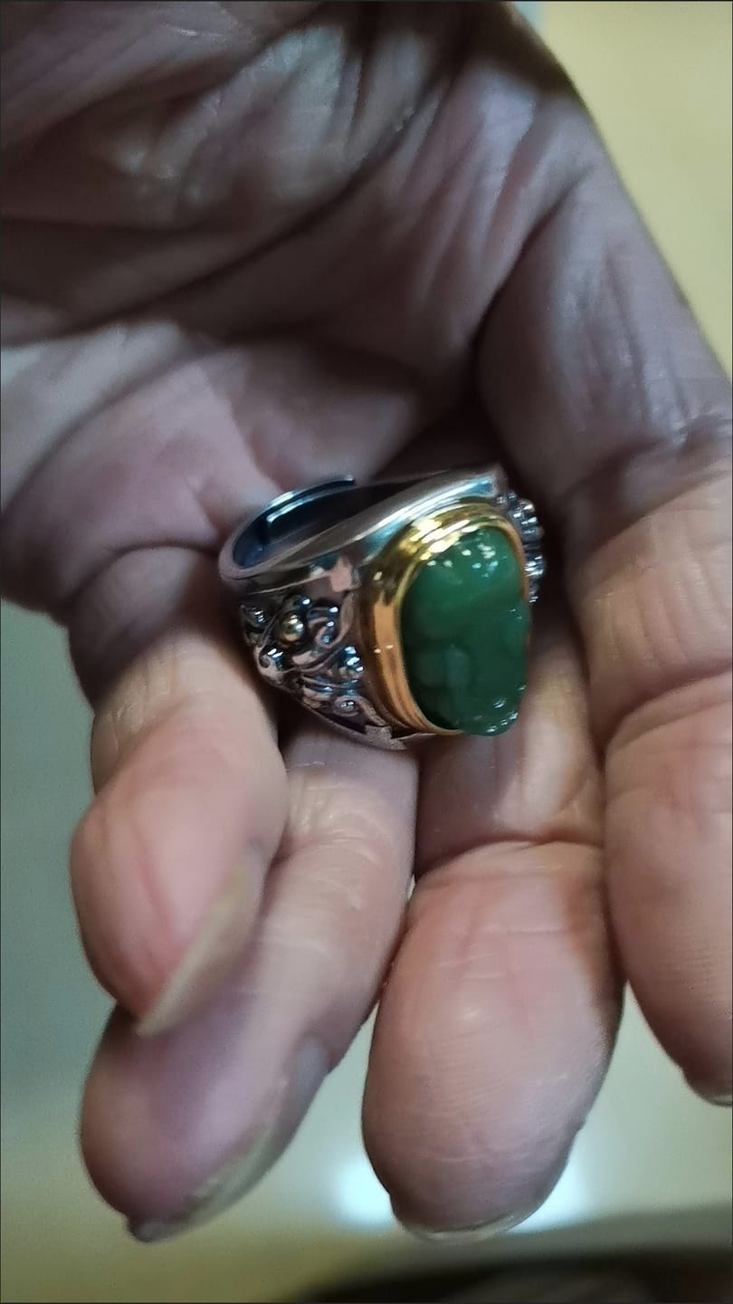 Customer photo review of FuAttract Prosperity Protection & Fortune Natural Cyan Jade Pixiu Inlaid Ring