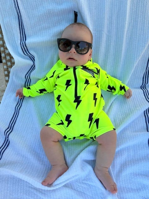 Customer photo review of UPF50+ Boys Swim Romper in Neon Electric Lime x Jagger