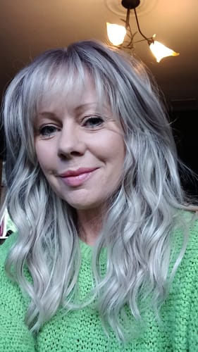 Customer photo review of JBEXTENSION 16 Inches Scalpiana 3.5X4 Hard Silky Top Natural Scalp Effect Honeyed Sand Body Wave Wig with Bangs Wig MIMI SILK TOP - HONEYED SAND