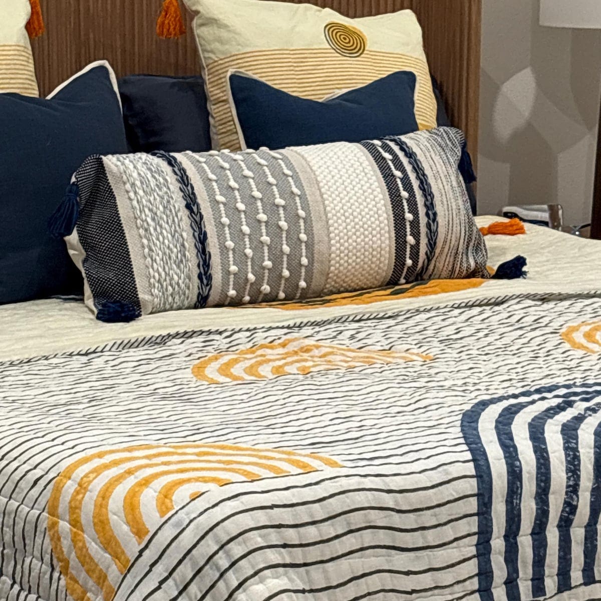 Customer photo review of Signature Handmade Dark Blue Woven Long Lumbar Pillow Cover 14x36
