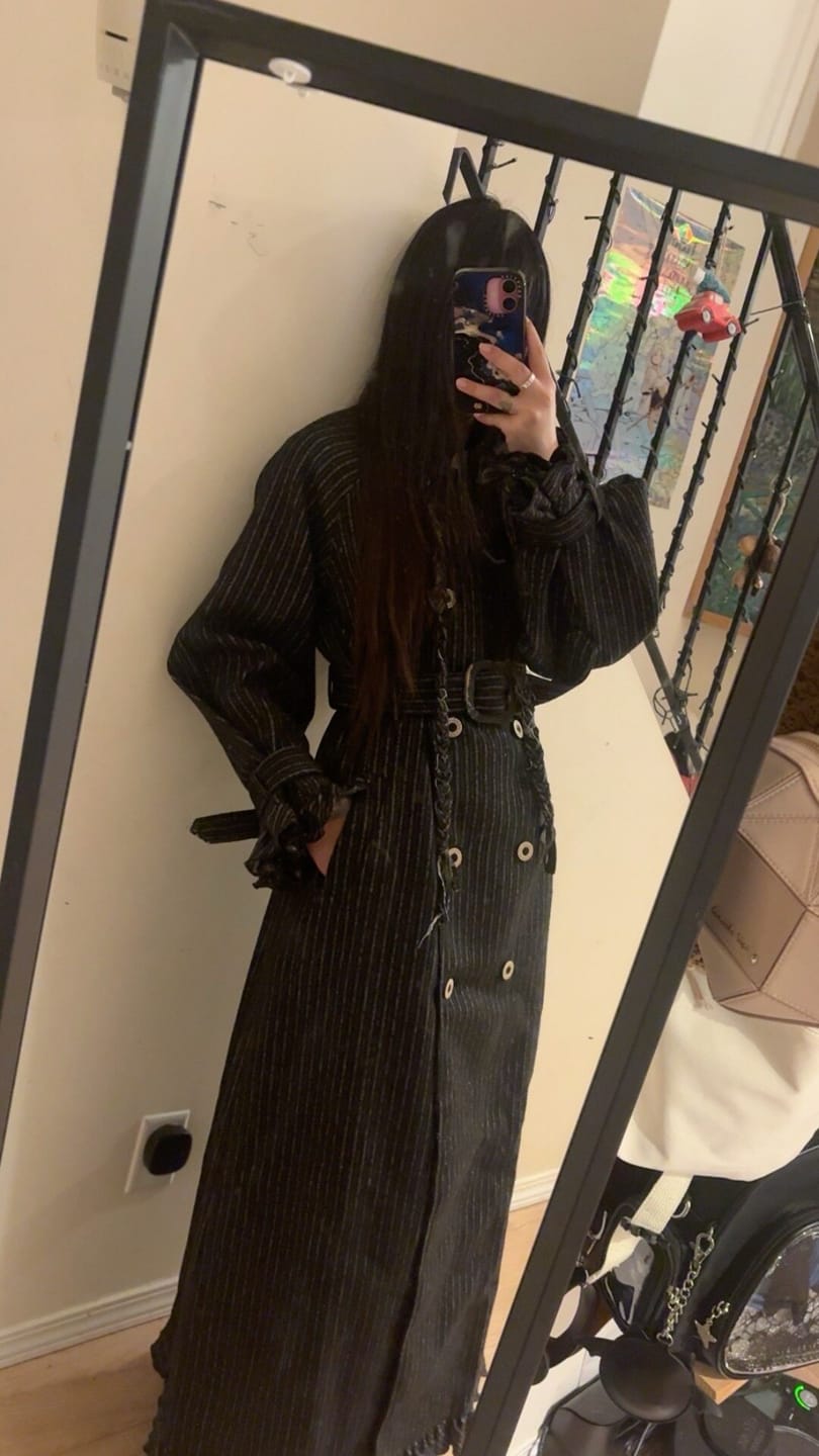 Customer photo review of DOINDULGE Deconstructed Herringbone Wool Long Coat