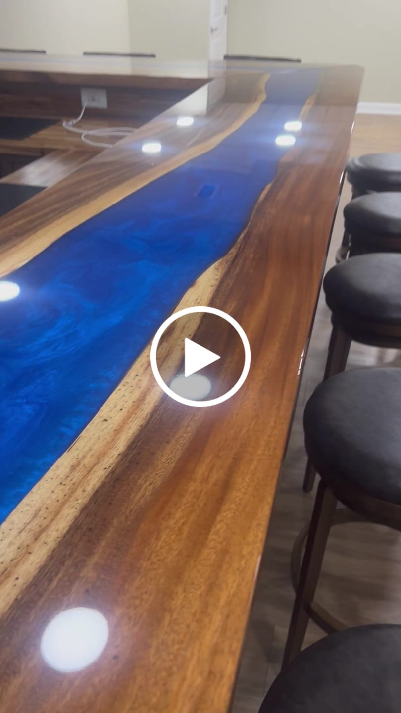 Customer video review of Custom Walnut Blue Epoxy River Bar Countertop – Live Edge Resin Bar Top for Luxury Home Bar