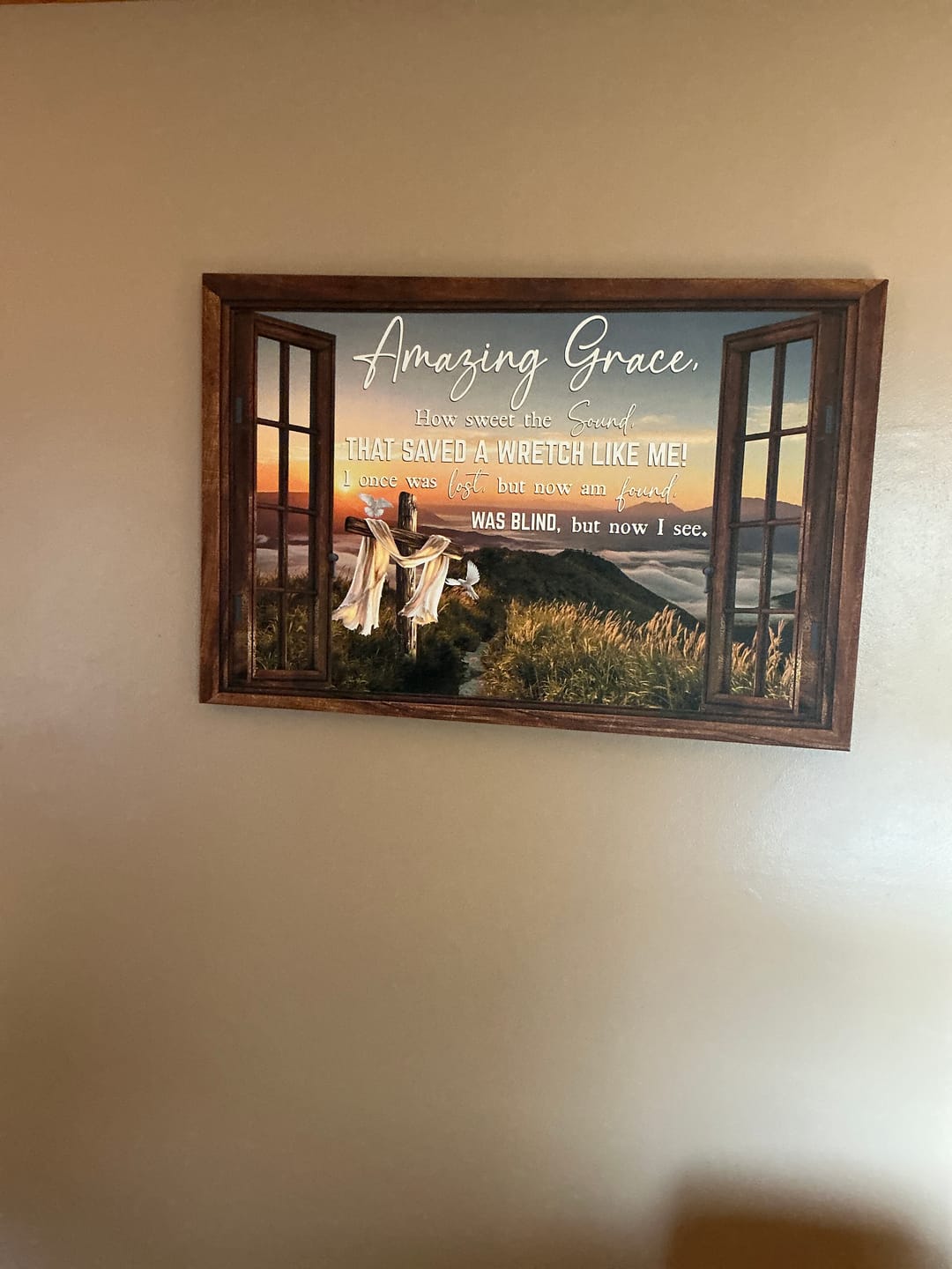 Customer photo review of Christian Wall Art: Amazing Grace How Sweet The Sound Cross Mountain Canvas Print