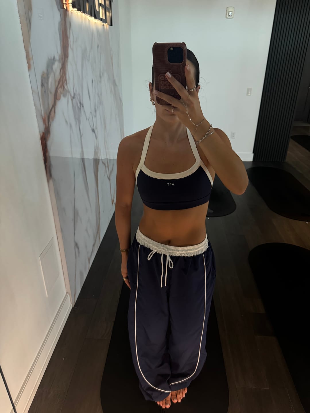 Customer photo review of The Halter Bra Navy & Cream