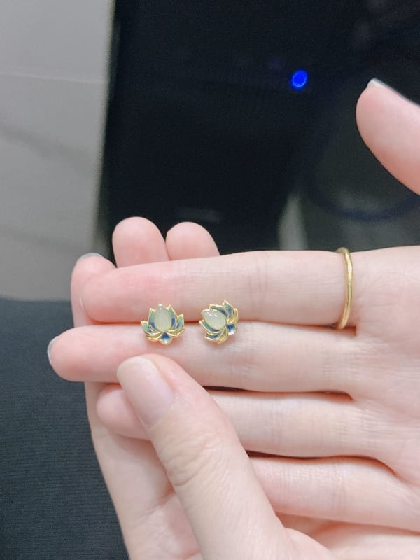 Customer photo review of Nerida Jade Lotus Stud Earrings