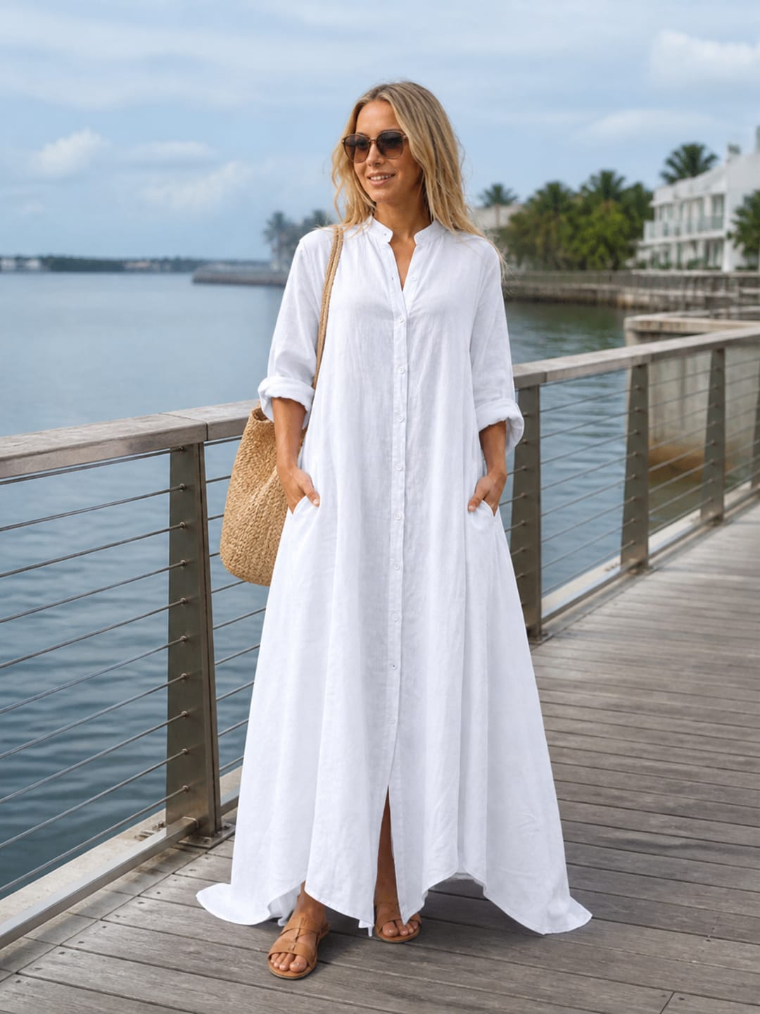 Customer photo review of Solid Color Pockets Buttoned Loose Long Sleeves Lapel Maxi Dresses