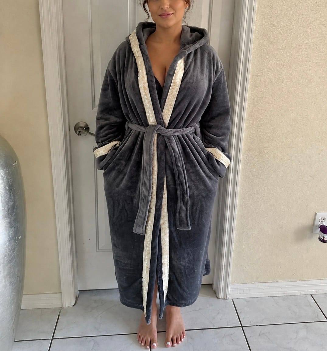 Customer photo review of Grey Hooded Royalty Robe with Silver & Gold Greek Key Trim