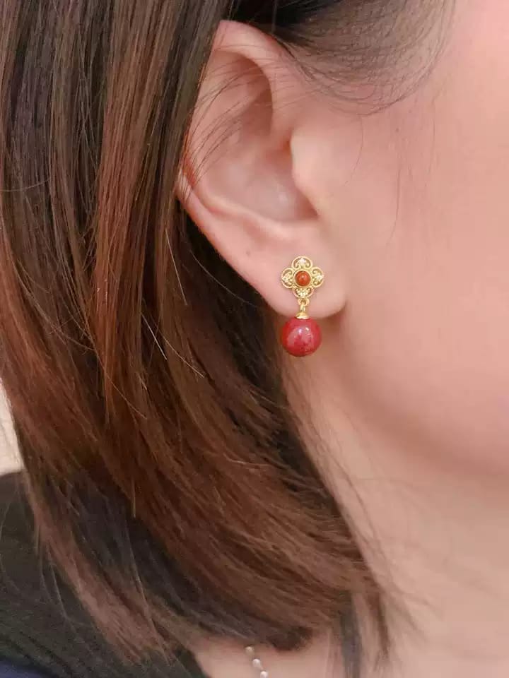 Customer photo review of Rosalind Cinnabar Clover Stud Earrings