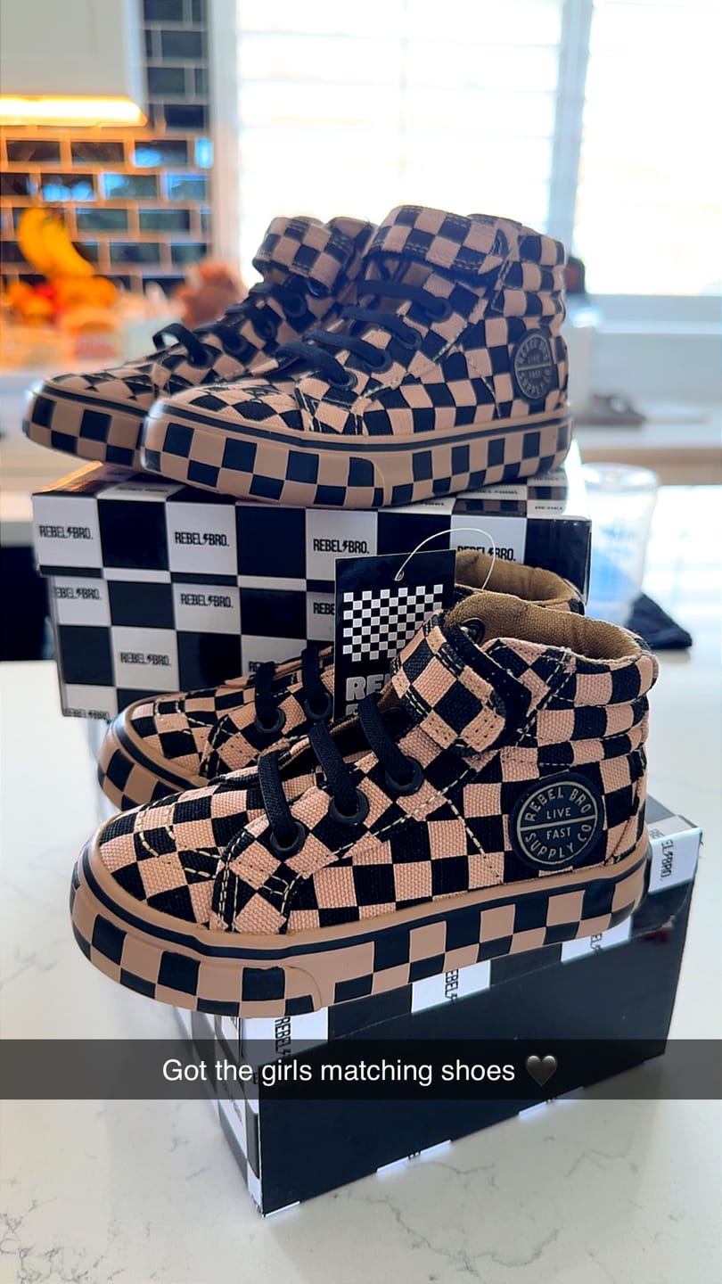 Customer photo review of SK8TR Hi-Top Shoe in Taupe + Black Checkered