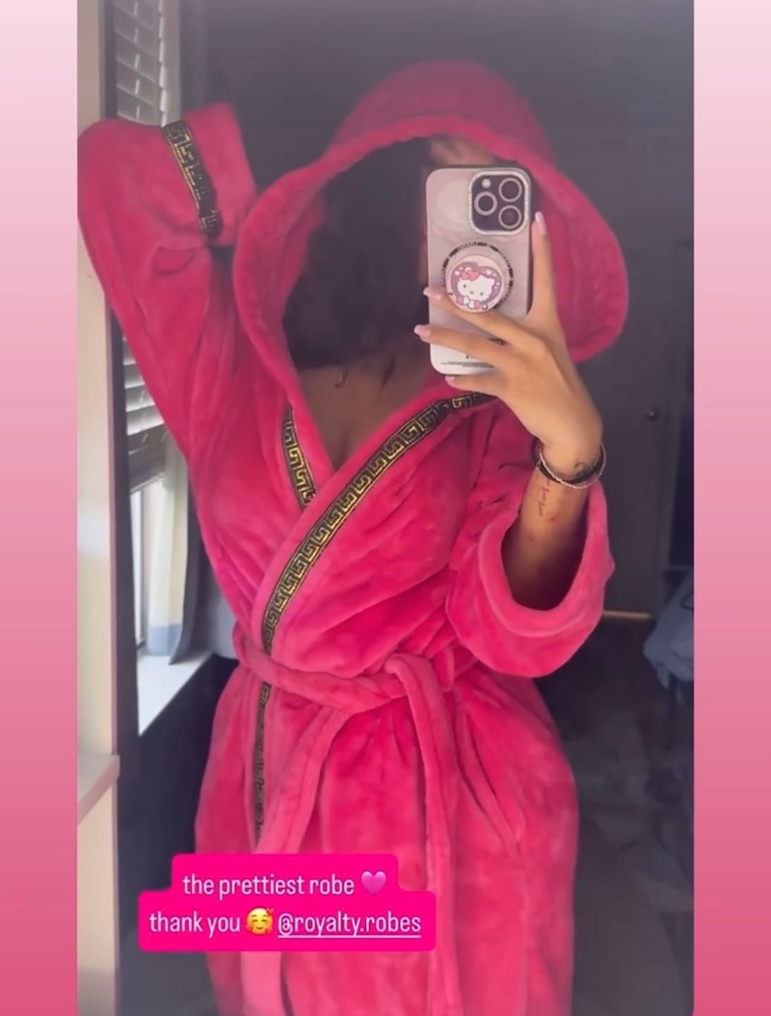 Customer photo review of Pink Hooded Royalty Robe With Gold Greek Key Trim